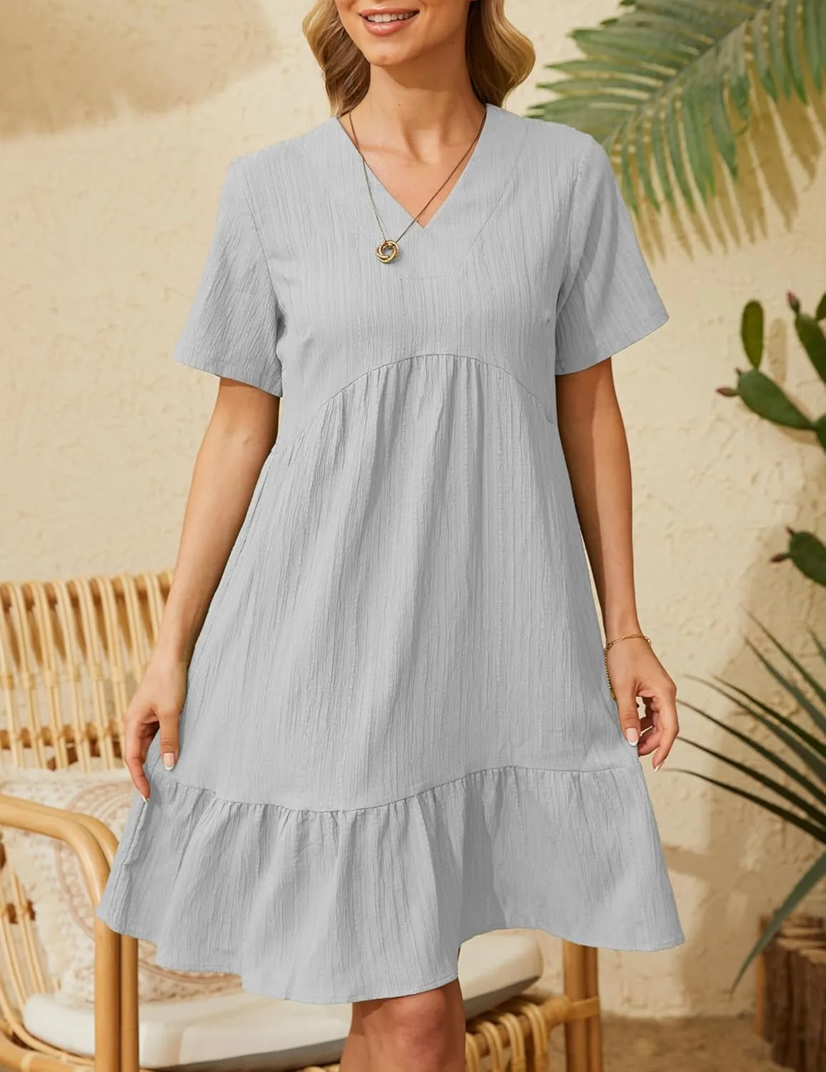 Women's Summer Dresses Casual Midi Swing Short Sleeve V Neck Tiered A Line Flowy Beach Dress Sundress 2024