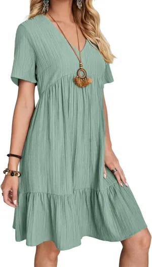 Women's Summer Dresses Casual Midi Swing Short Sleeve V Neck Tiered A Line Flowy Beach Dress Sundress 2024
