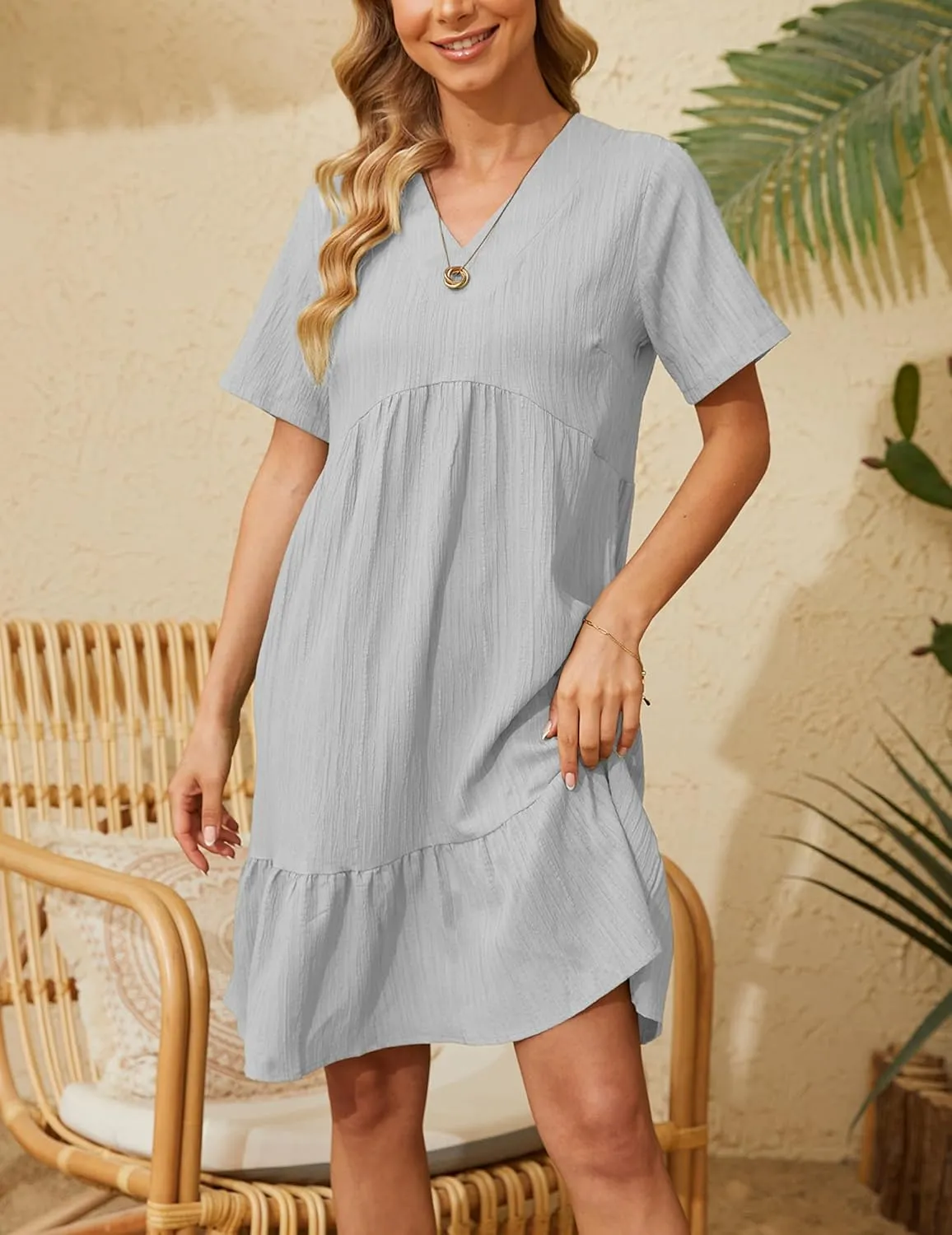 Women's Summer Dresses Casual Midi Swing Short Sleeve V Neck Tiered A Line Flowy Beach Dress Sundress 2024