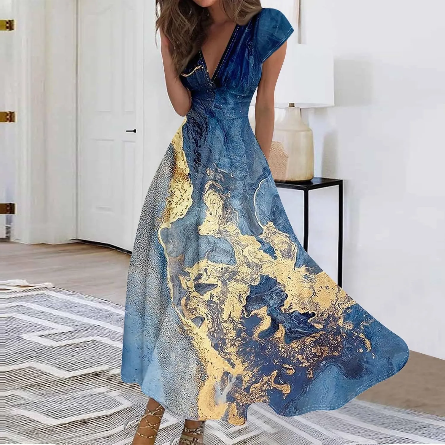 Womens Summer Dresses Flowy Ruched Sleeveless Sundress Floral Print Wrap V Neck Maxi Dress High Waist Boho Dress