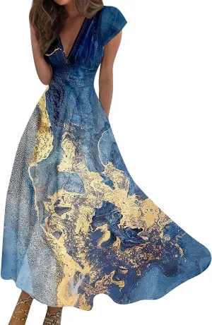 Womens Summer Dresses Flowy Ruched Sleeveless Sundress Floral Print Wrap V Neck Maxi Dress High Waist Boho Dress