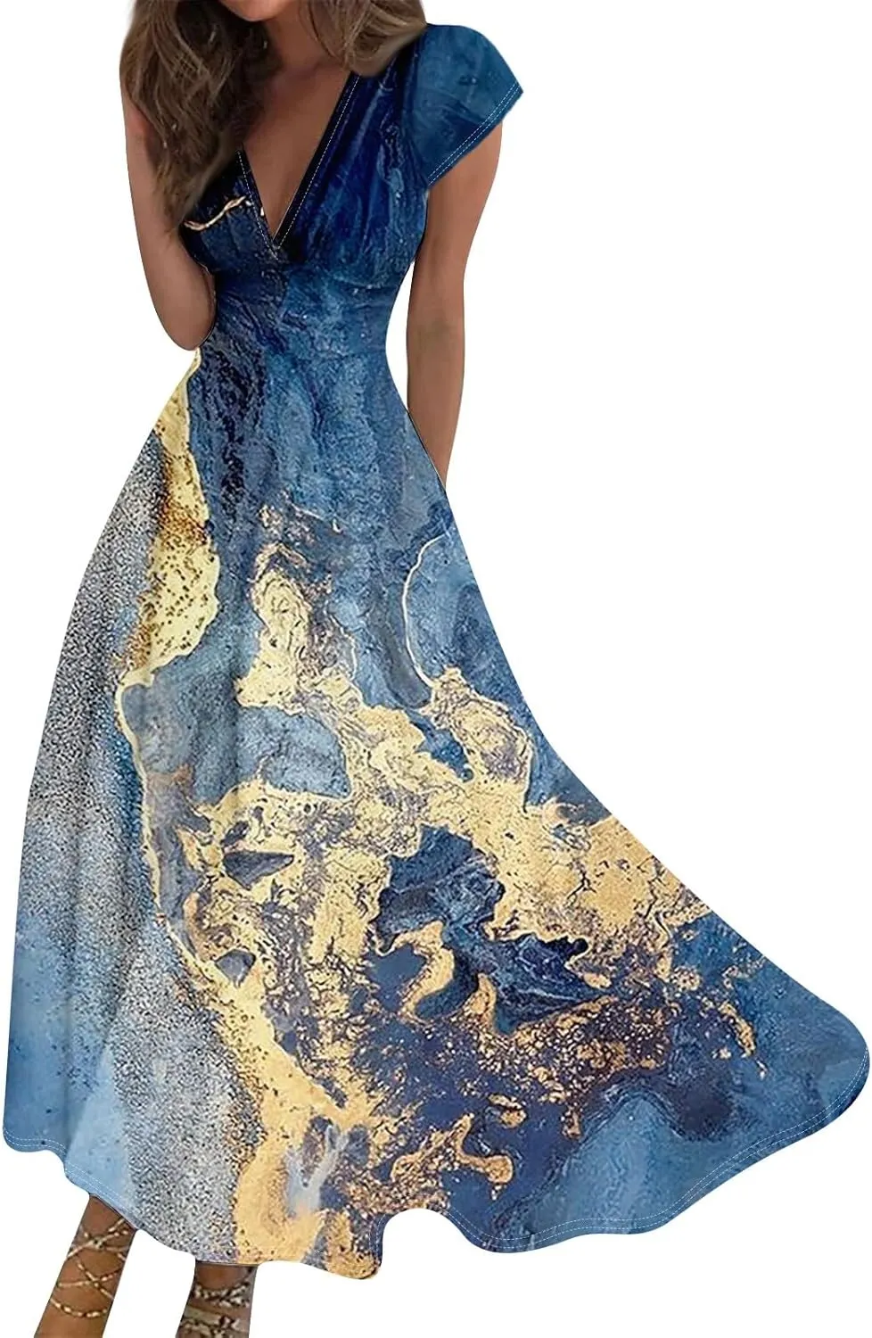 Womens Summer Dresses Flowy Ruched Sleeveless Sundress Floral Print Wrap V Neck Maxi Dress High Waist Boho Dress
