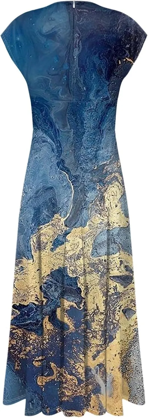 Womens Summer Dresses Flowy Ruched Sleeveless Sundress Floral Print Wrap V Neck Maxi Dress High Waist Boho Dress