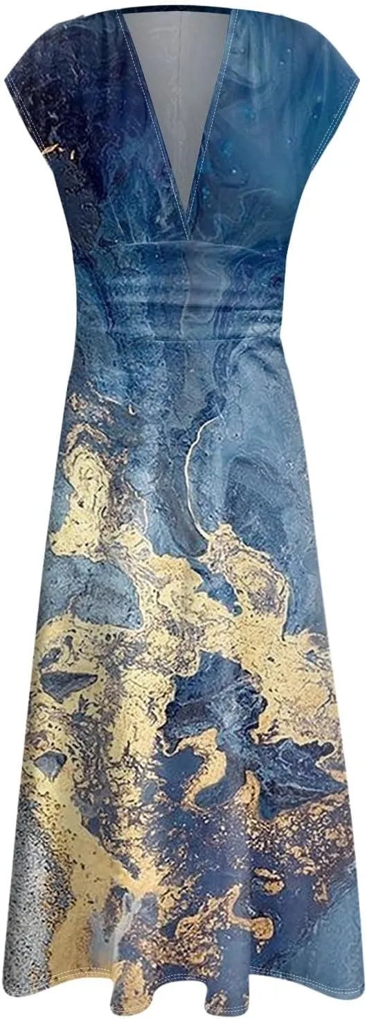 Womens Summer Dresses Flowy Ruched Sleeveless Sundress Floral Print Wrap V Neck Maxi Dress High Waist Boho Dress