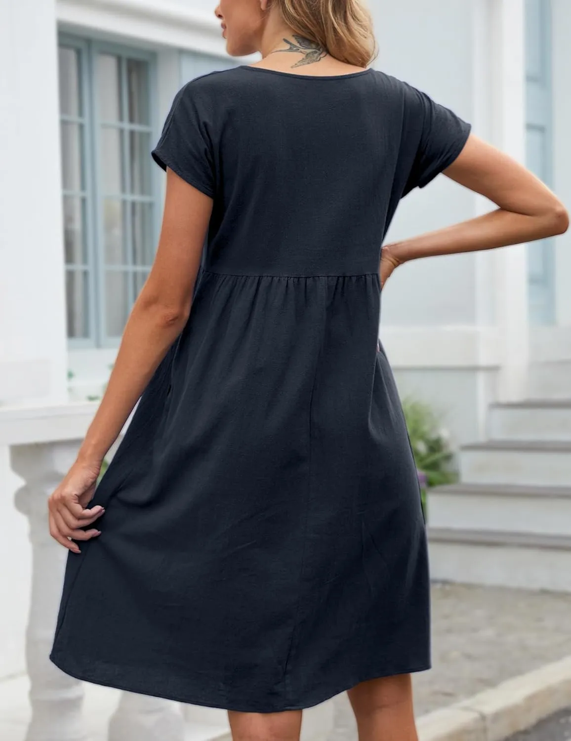 Women's Summer Dresses Midi Casual Cap Sleeve Crewneck A Line Swing Flowy Beach Sundress with Pockets