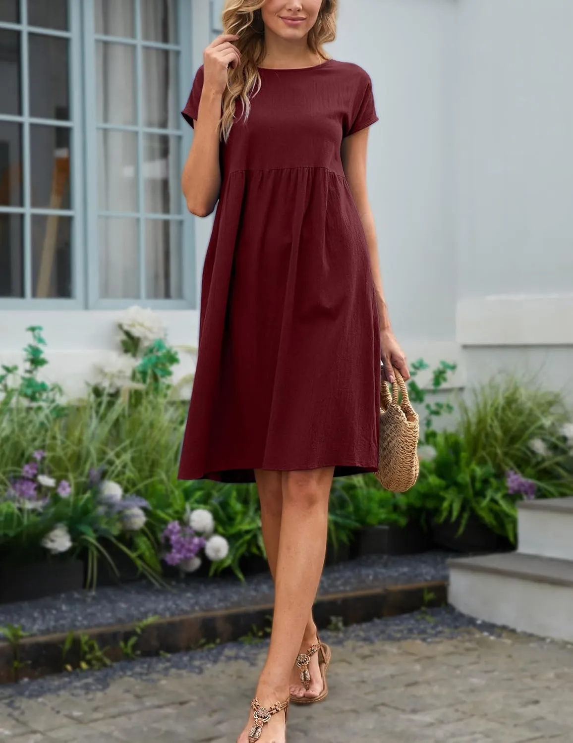 Women's Summer Dresses Midi Casual Cap Sleeve Crewneck A Line Swing Flowy Beach Sundress with Pockets