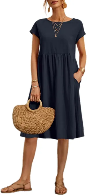 Women's Summer Dresses Midi Casual Cap Sleeve Crewneck A Line Swing Flowy Beach Sundress with Pockets