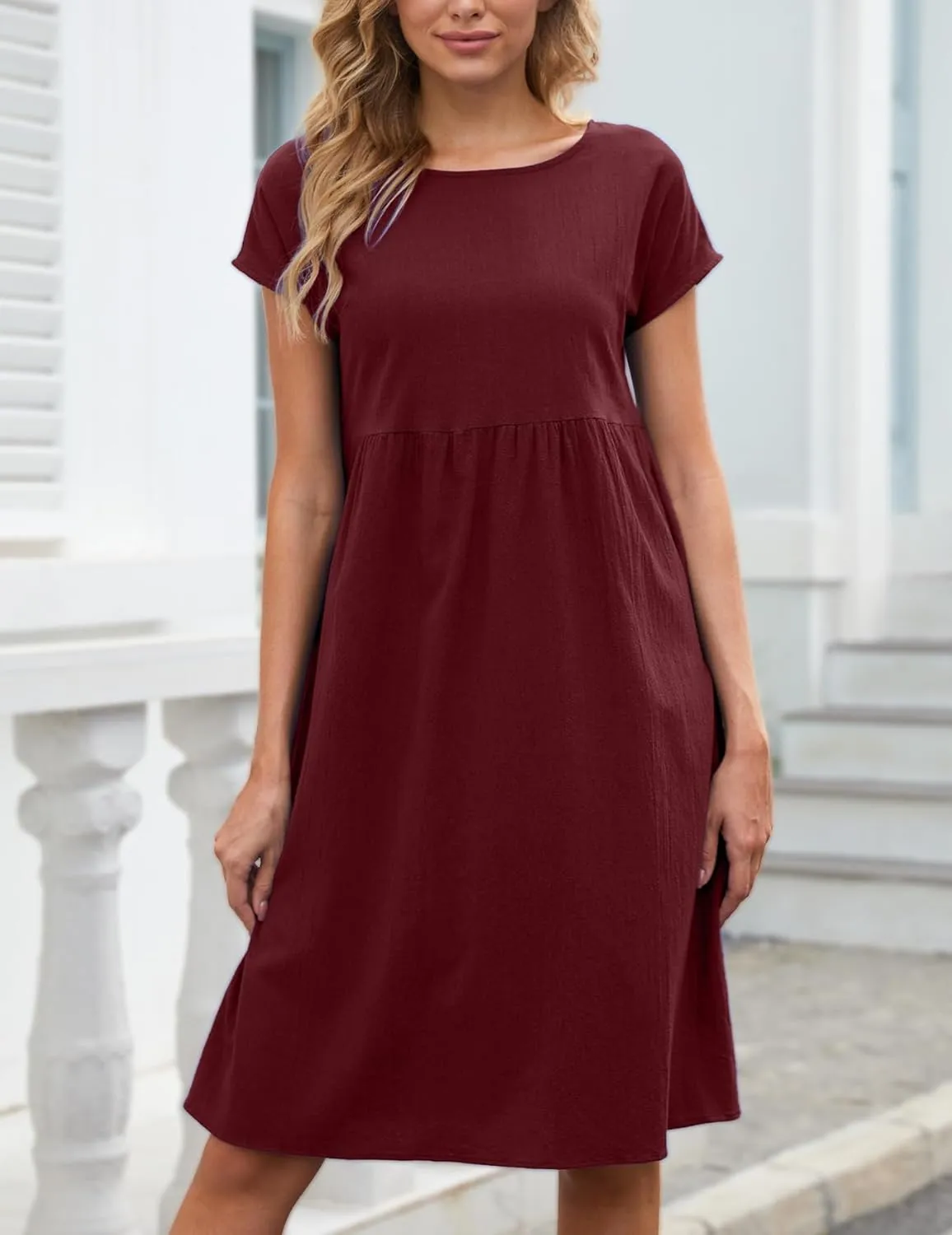Women's Summer Dresses Midi Casual Cap Sleeve Crewneck A Line Swing Flowy Beach Sundress with Pockets