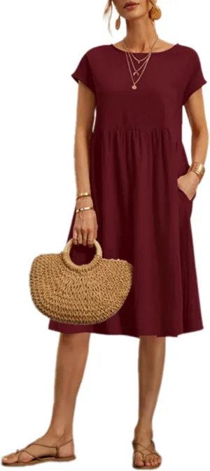 Women's Summer Dresses Midi Casual Cap Sleeve Crewneck A Line Swing Flowy Beach Sundress with Pockets