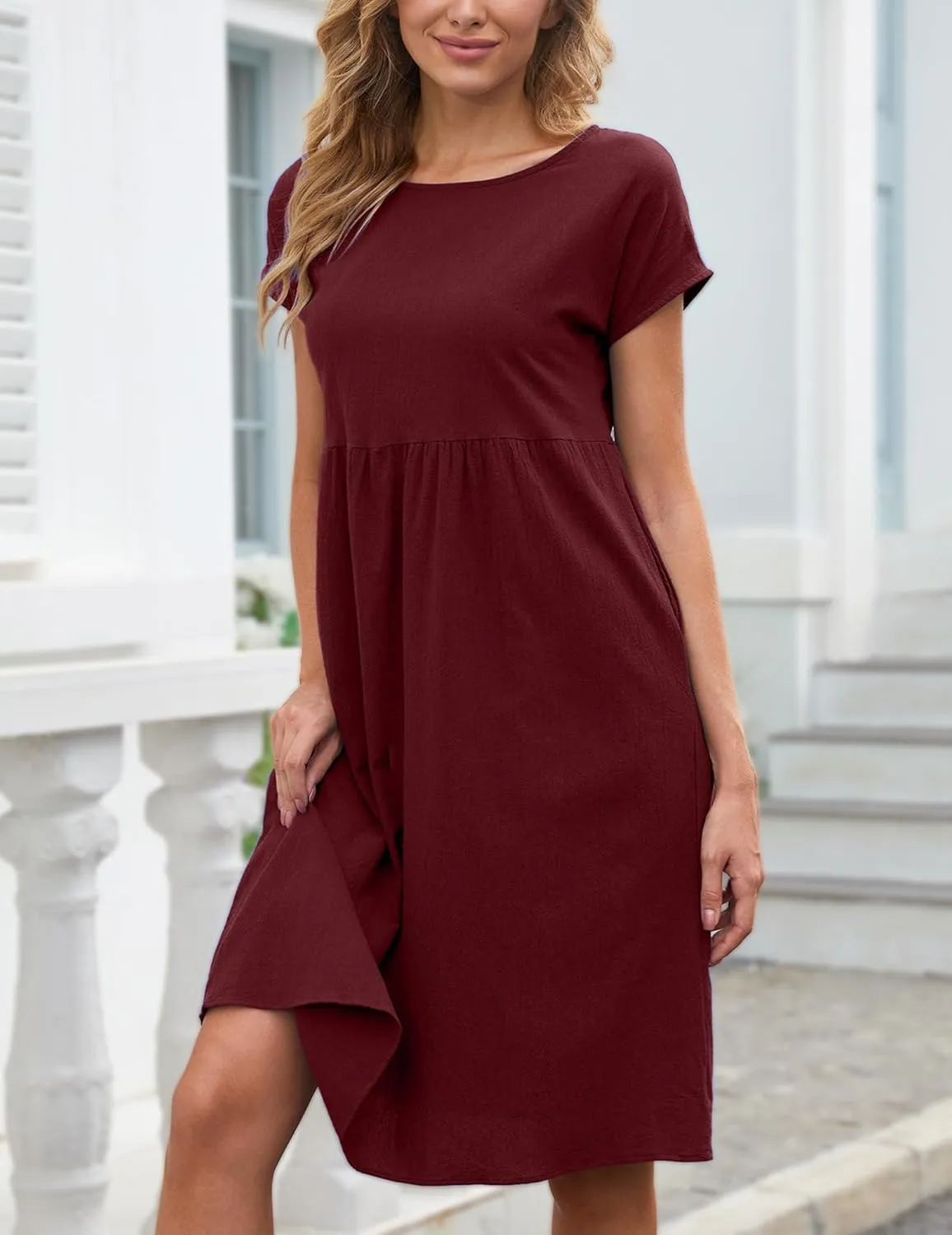 Women's Summer Dresses Midi Casual Cap Sleeve Crewneck A Line Swing Flowy Beach Sundress with Pockets