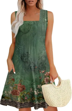 Womens Summer Dresses printedSleeveless Mini Dress Casual Flowy Tshirt Tank Dresses Beach Sundresses with Pockets
