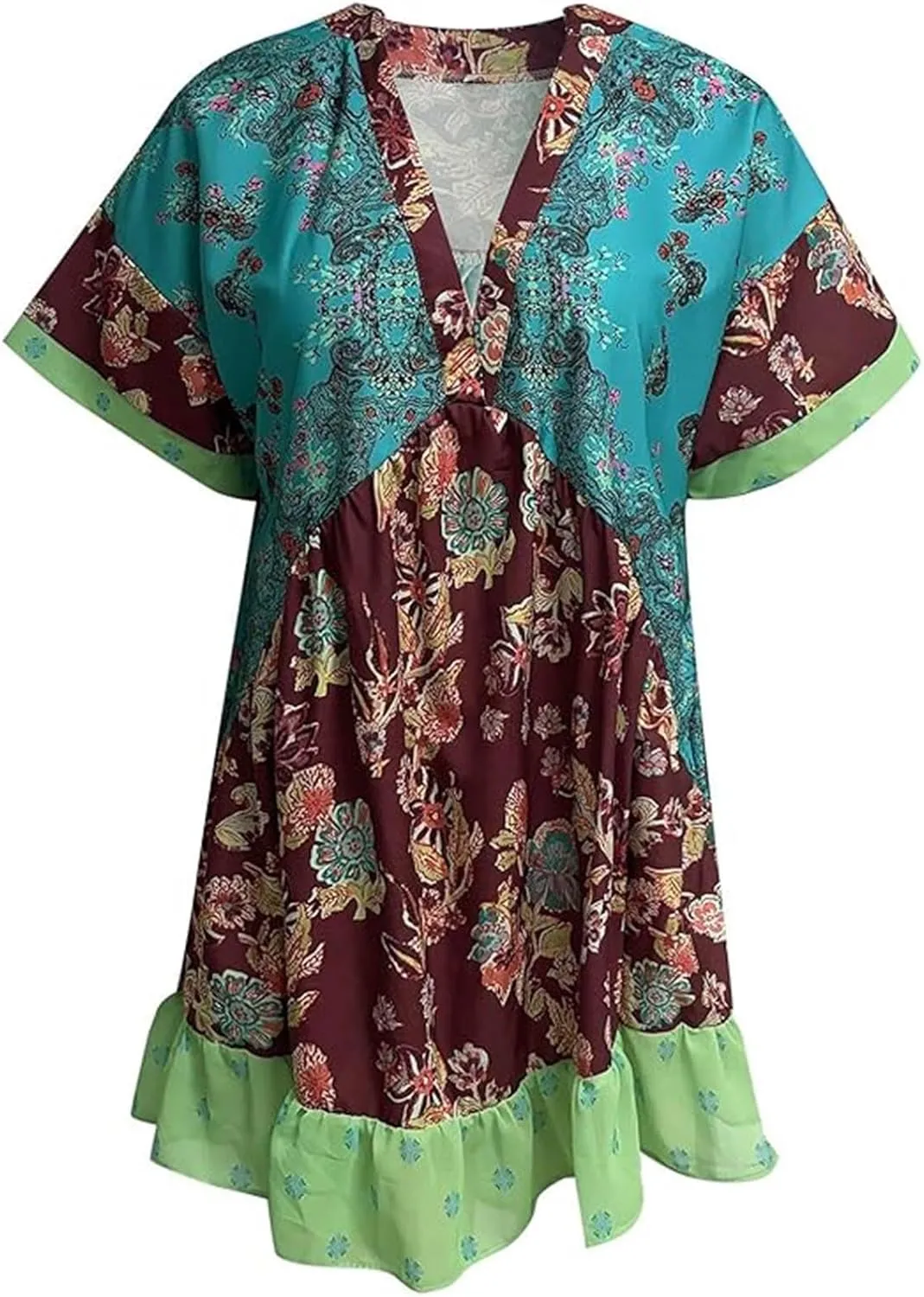 Women's Summer Dresses Ruffle Sleeve Deep Vneck Flowy Pleated Mini Dress Cover Up Printed Loose Sundress S-XXL