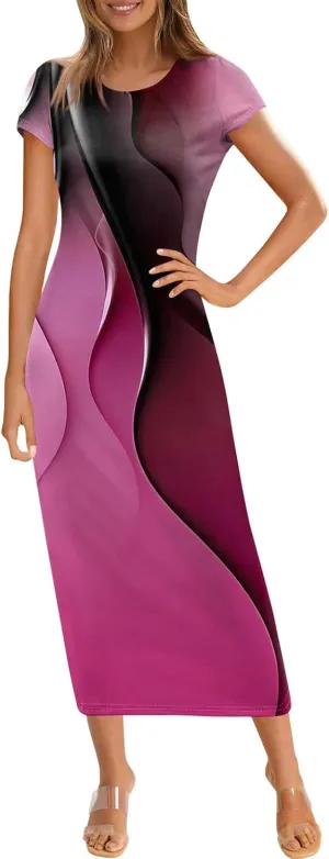 Womens Summer Dresses Trendy Loose Fit Vacation Dress Elegant Gradient Maxi Sundresses Casual Short Sleeve Dress