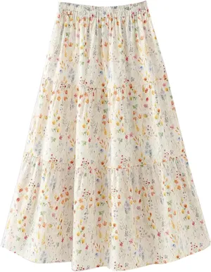 Women's Summer Elastic Waist Tiered Floral Print A-Line Boho Long Skirt