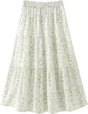 Women's Summer Elastic Waist Tiered Floral Print A-Line Boho Long Skirt