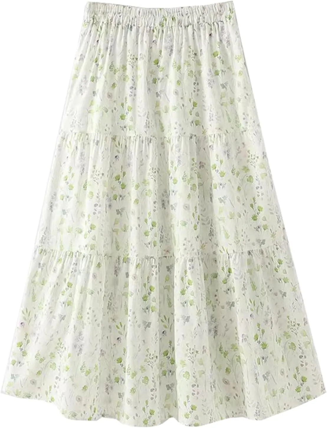 Women's Summer Elastic Waist Tiered Floral Print A-Line Boho Long Skirt