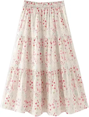 Women's Summer Elastic Waist Tiered Floral Print A-Line Boho Long Skirt