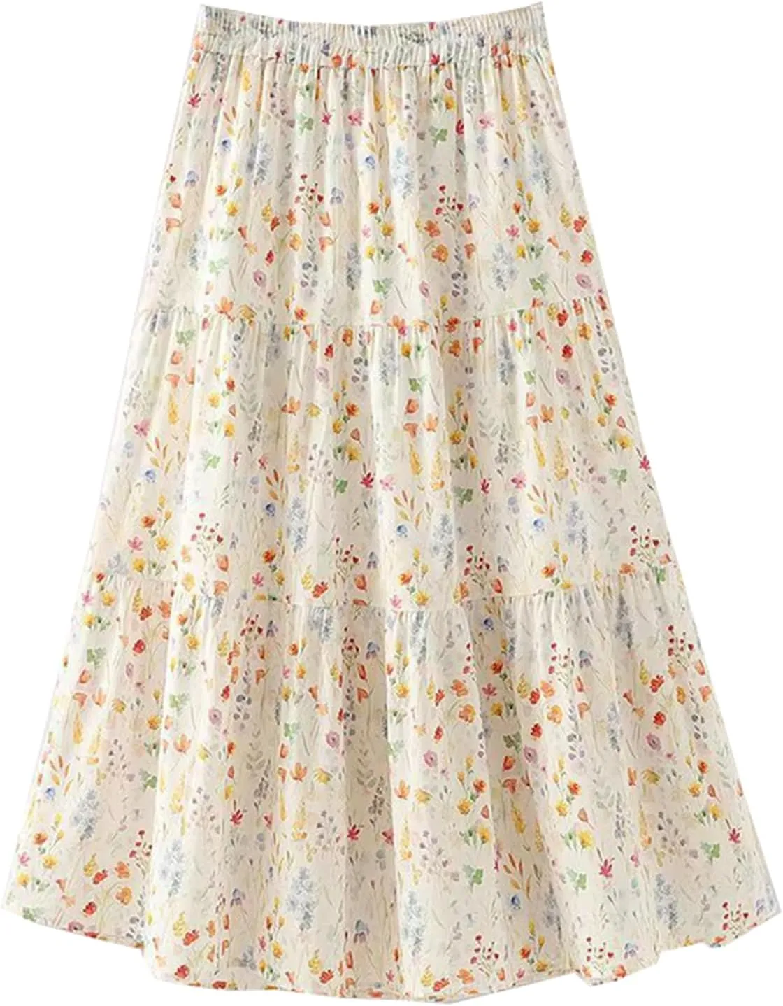Women's Summer Elastic Waist Tiered Floral Print A-Line Boho Long Skirt