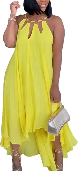 Womens Summer Halter Sleeveless Maxi Dresses Ruffle Asymmetrical Flowy Beach Sundress