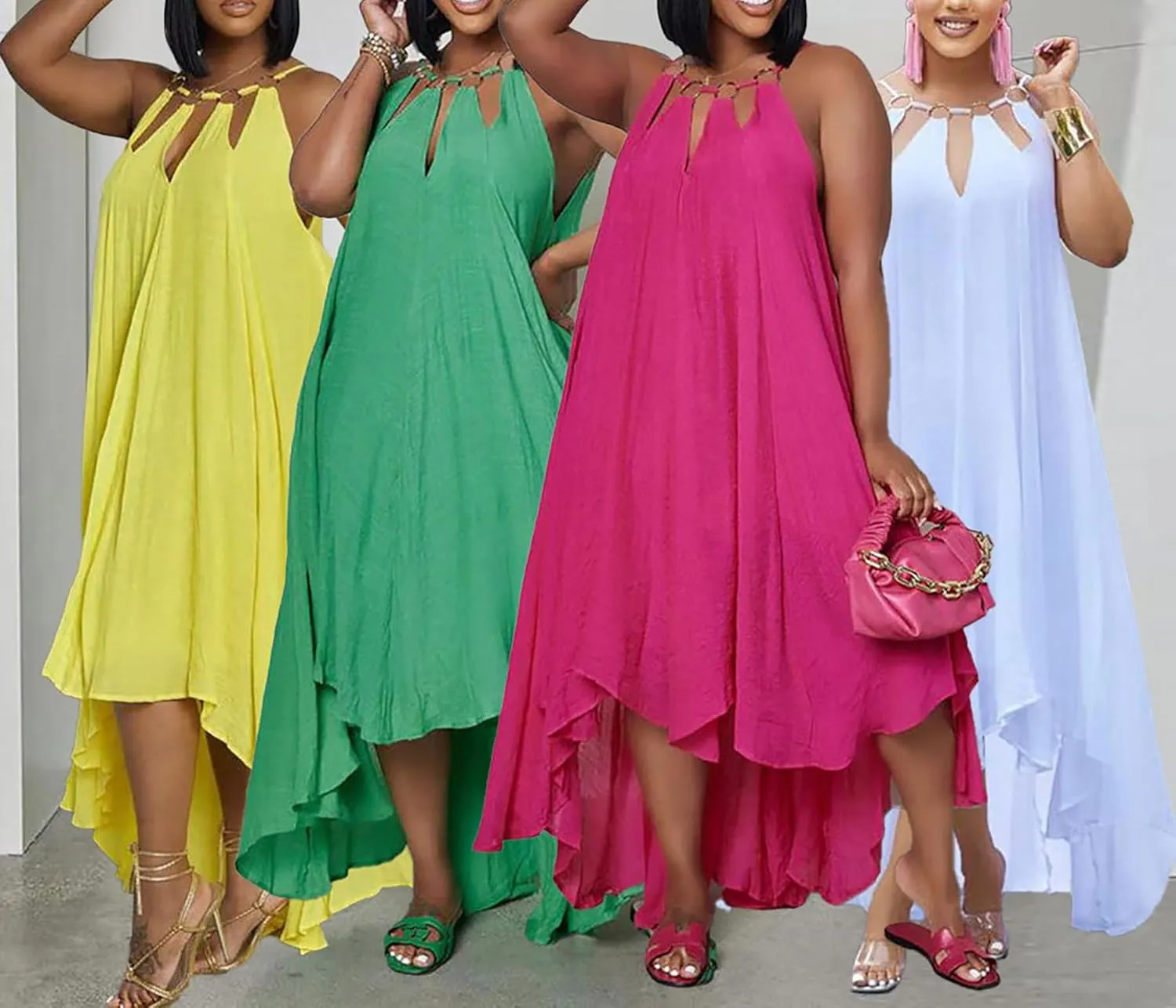 Womens Summer Halter Sleeveless Maxi Dresses Ruffle Asymmetrical Flowy Beach Sundress