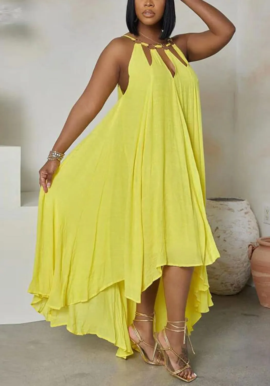 Womens Summer Halter Sleeveless Maxi Dresses Ruffle Asymmetrical Flowy Beach Sundress