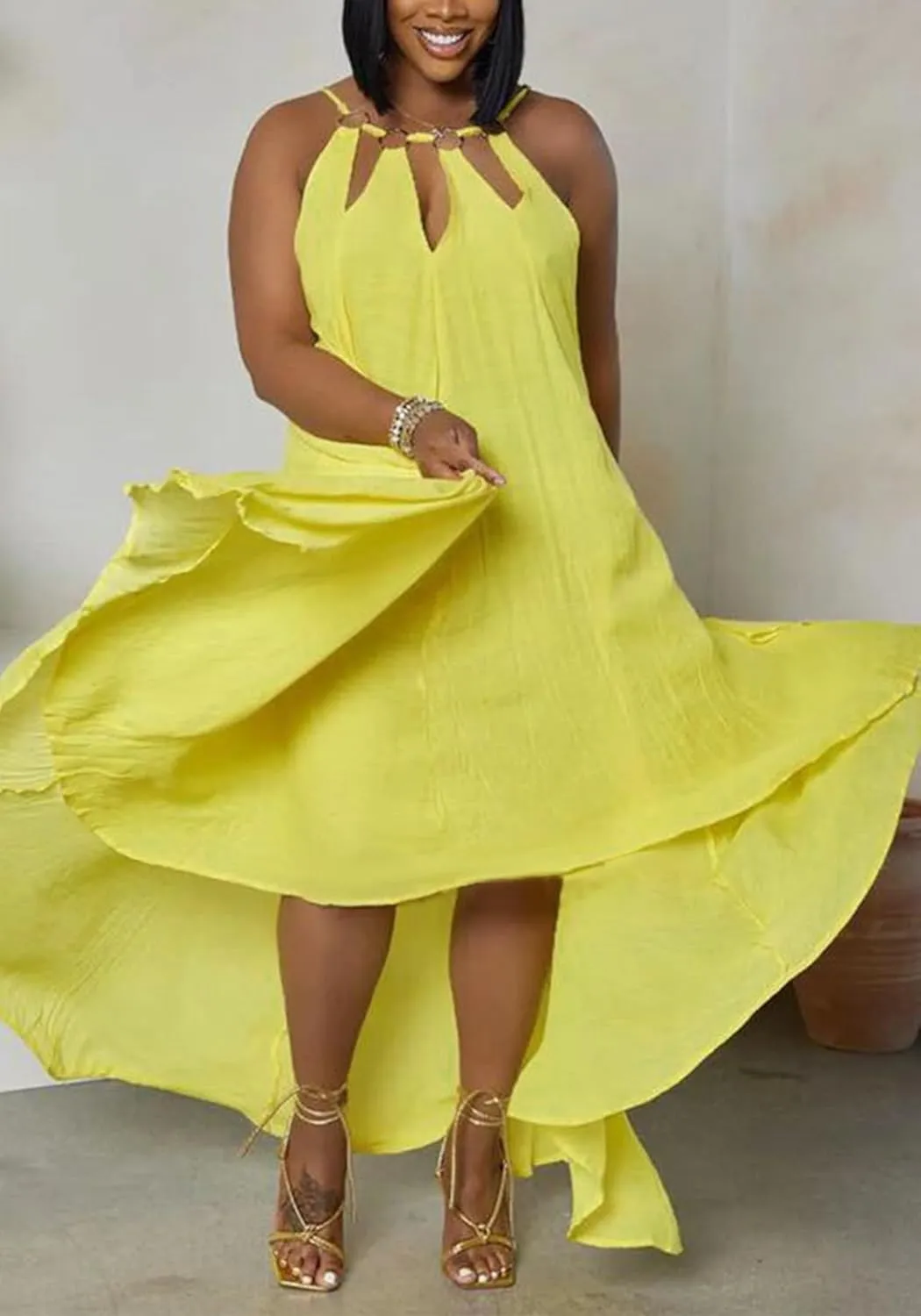 Womens Summer Halter Sleeveless Maxi Dresses Ruffle Asymmetrical Flowy Beach Sundress