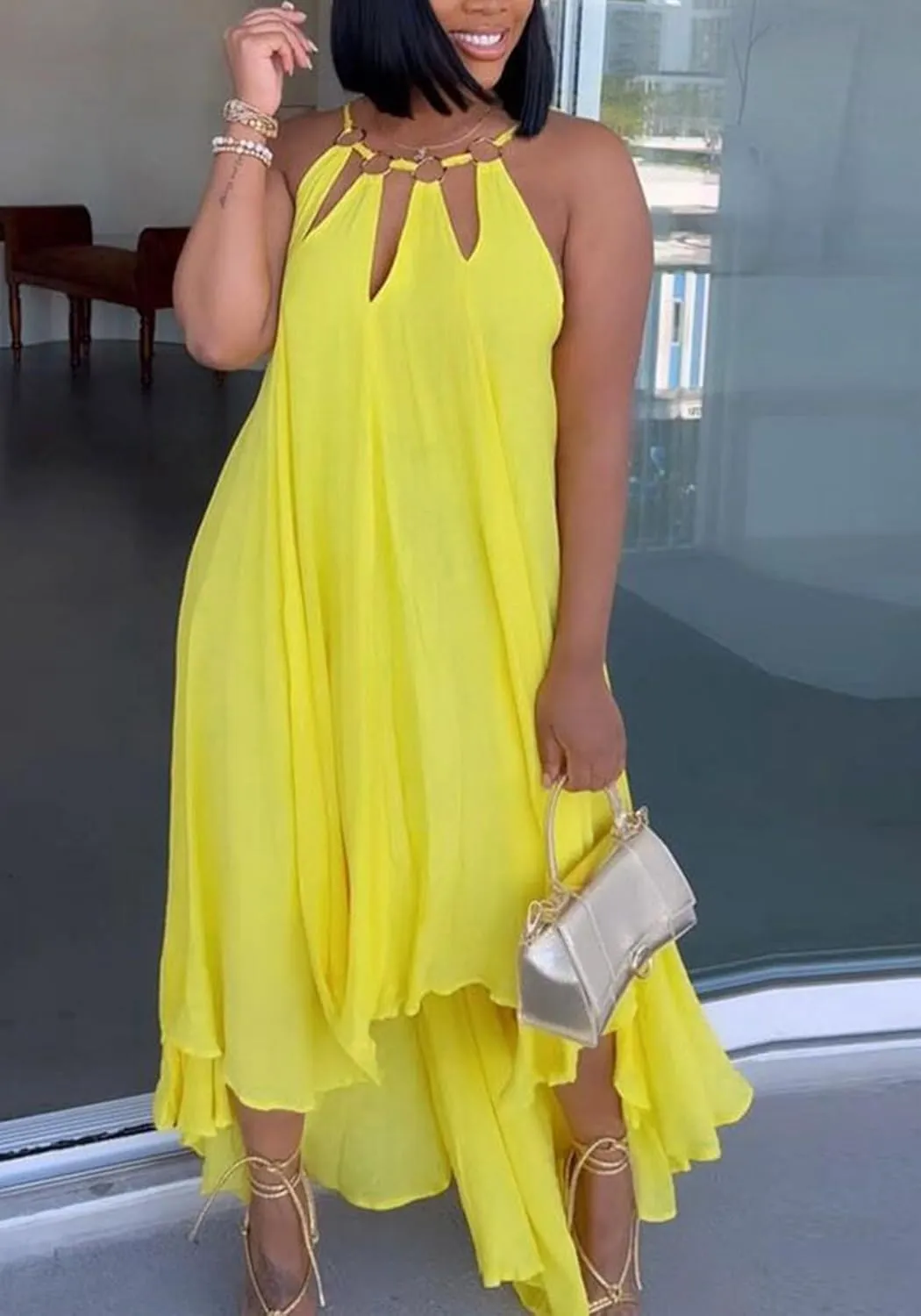 Womens Summer Halter Sleeveless Maxi Dresses Ruffle Asymmetrical Flowy Beach Sundress