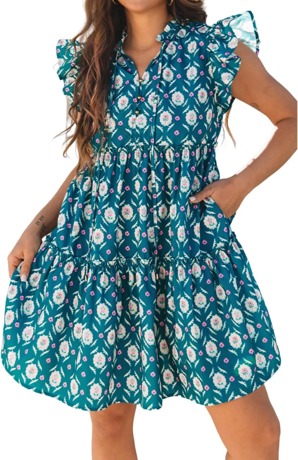 Women's Summer Retro Floral Print Dress Casual Split Neck Ruffle Sleeve Sundress Tie Front Vacation Beach Dresses