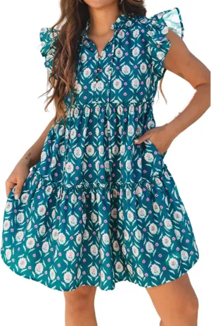 Women's Summer Retro Floral Print Dress Casual Split Neck Ruffle Sleeve Sundress Tie Front Vacation Beach Dresses