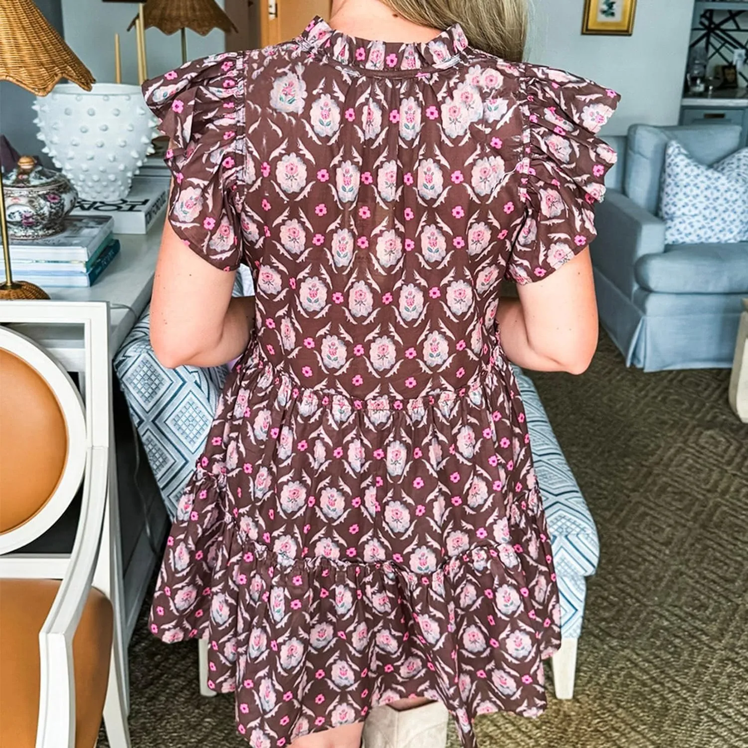 Women's Summer Retro Floral Print Dress Casual Split Neck Ruffle Sleeve Sundress Tie Front Vacation Beach Dresses