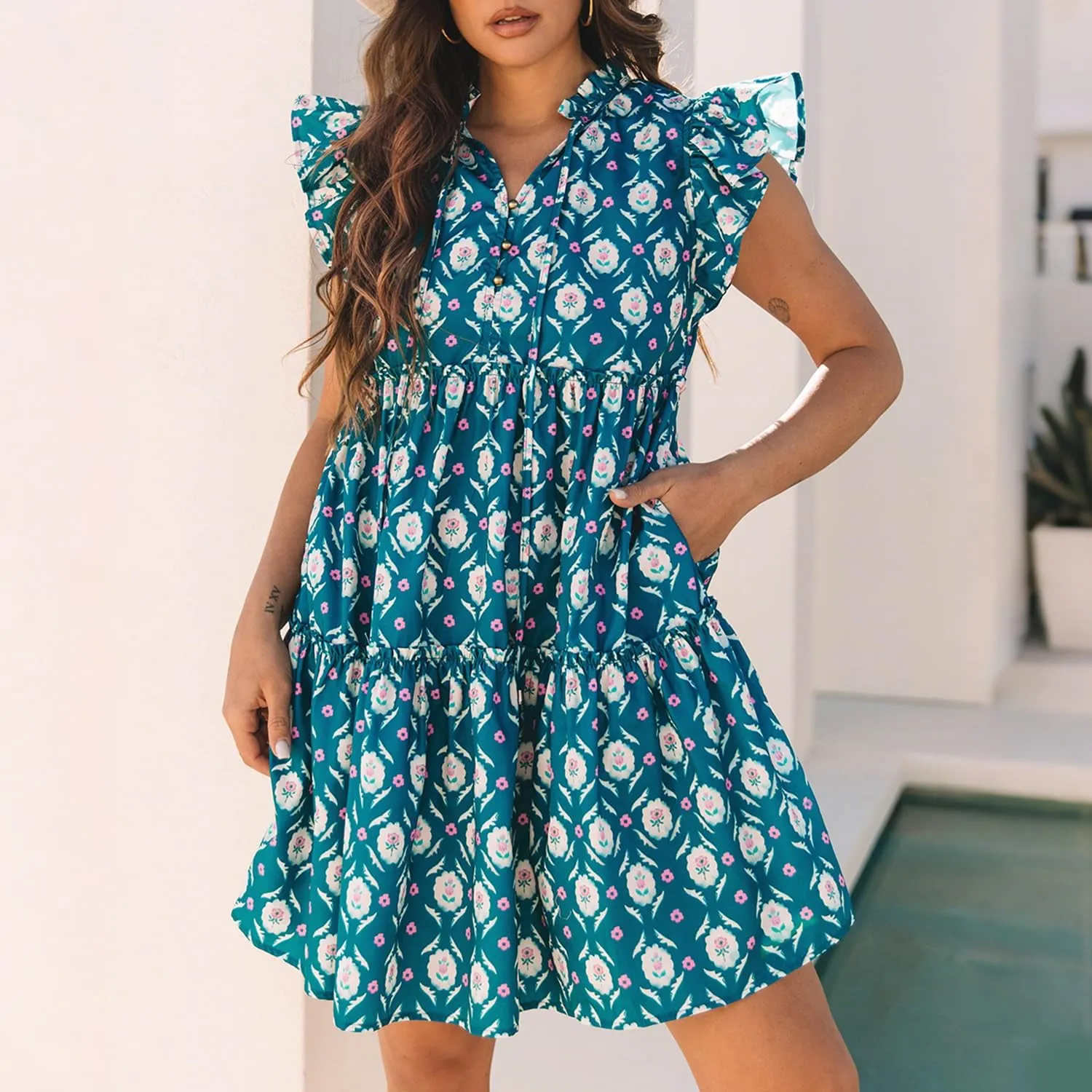 Women's Summer Retro Floral Print Dress Casual Split Neck Ruffle Sleeve Sundress Tie Front Vacation Beach Dresses