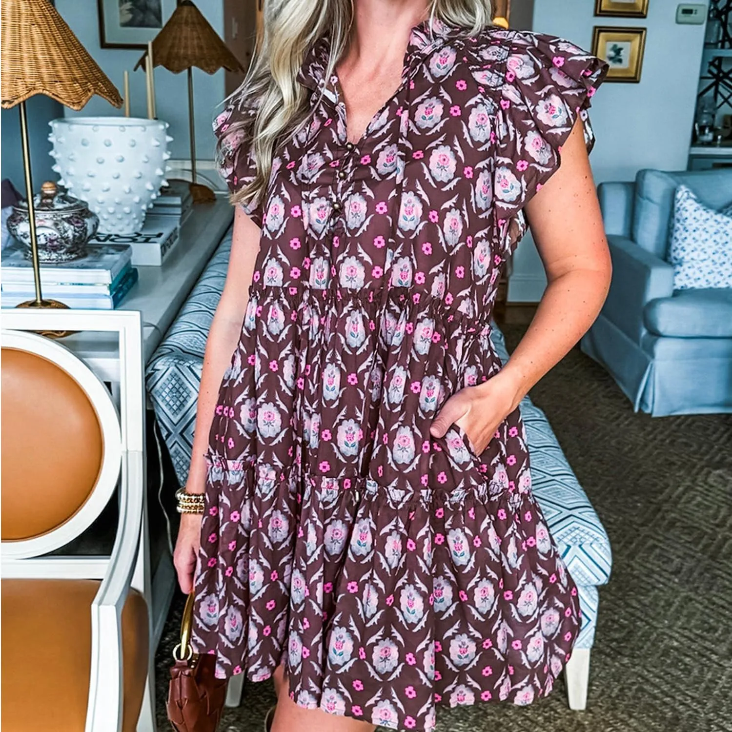 Women's Summer Retro Floral Print Dress Casual Split Neck Ruffle Sleeve Sundress Tie Front Vacation Beach Dresses