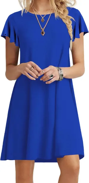 Womens Summer Ruffle Sleeve Crew-Neck Dresses Drawstring Cap Short Sleeve Side Pockets Mini Dress Sundress