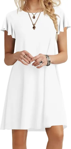 Womens Summer Ruffle Sleeve Crew-Neck Dresses Drawstring Cap Short Sleeve Side Pockets Mini Dress Sundress