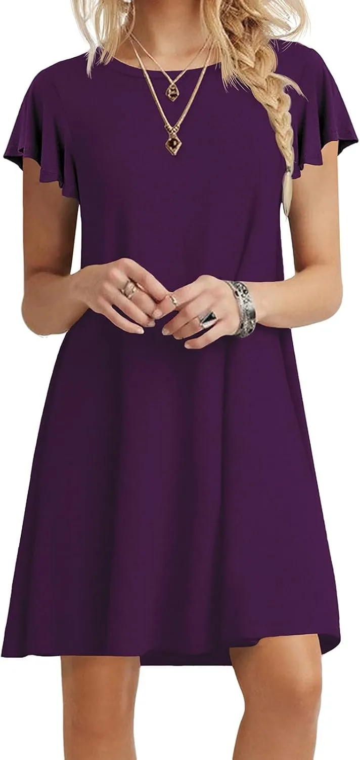 Womens Summer Ruffle Sleeve Crew-Neck Dresses Drawstring Cap Short Sleeve Side Pockets Mini Dress Sundress