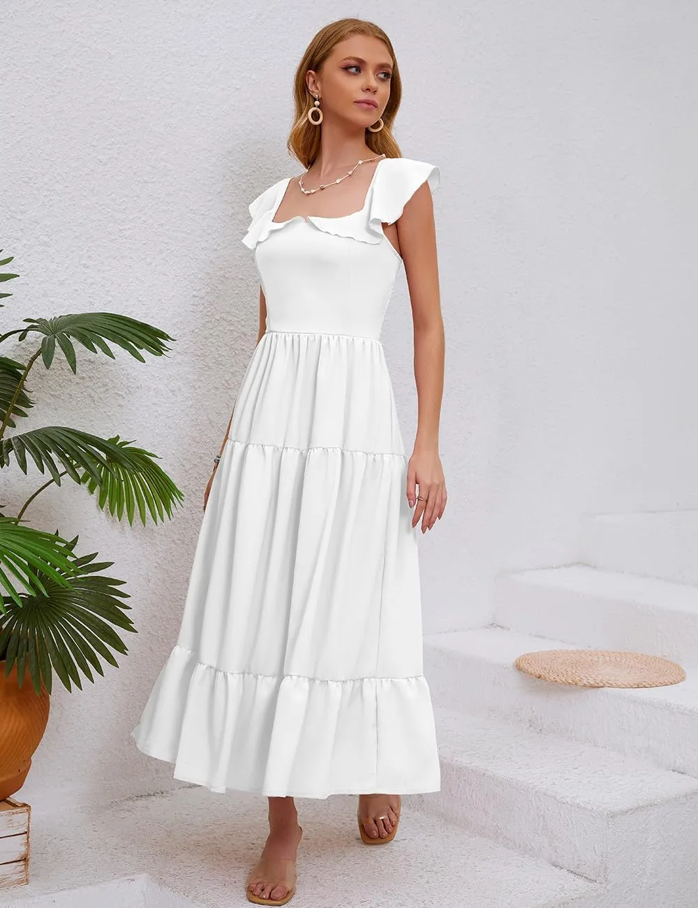 Women's Summer Sleeveless Ruffle Dresses 2024 Square Neck Smocked Backless Boho Flowy Beach A-Line Maxi Sundress