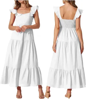 Women's Summer Sleeveless Ruffle Dresses 2024 Square Neck Smocked Backless Boho Flowy Beach A-Line Maxi Sundress