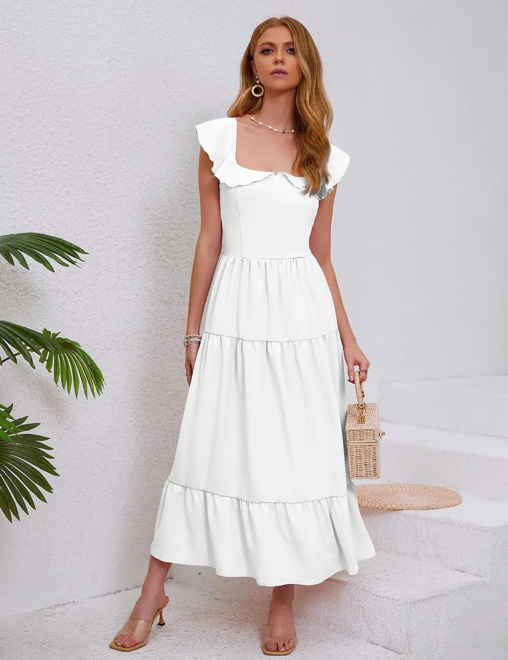 Women's Summer Sleeveless Ruffle Dresses 2024 Square Neck Smocked Backless Boho Flowy Beach A-Line Maxi Sundress