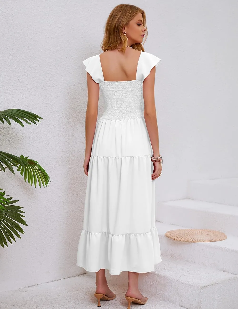 Women's Summer Sleeveless Ruffle Dresses 2024 Square Neck Smocked Backless Boho Flowy Beach A-Line Maxi Sundress