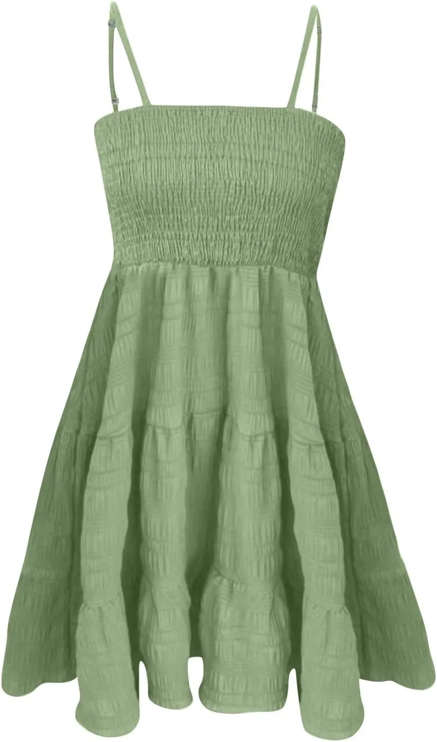 Women's Summer Sundresses Casual Trendy Sleeveless Solid Spaghetti Strap Vacation Beach Dress Resort Wear, S-2XL