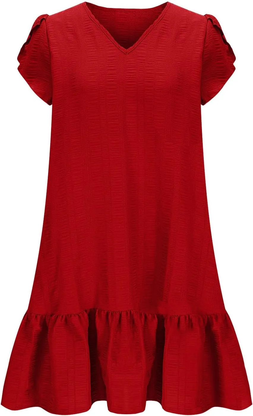 Women's Summer T Shirt Dress Casual Petal Short Sleeve V Neck Solid Ruffle Hem Sundress Loose Fit Beach Mini Dresses