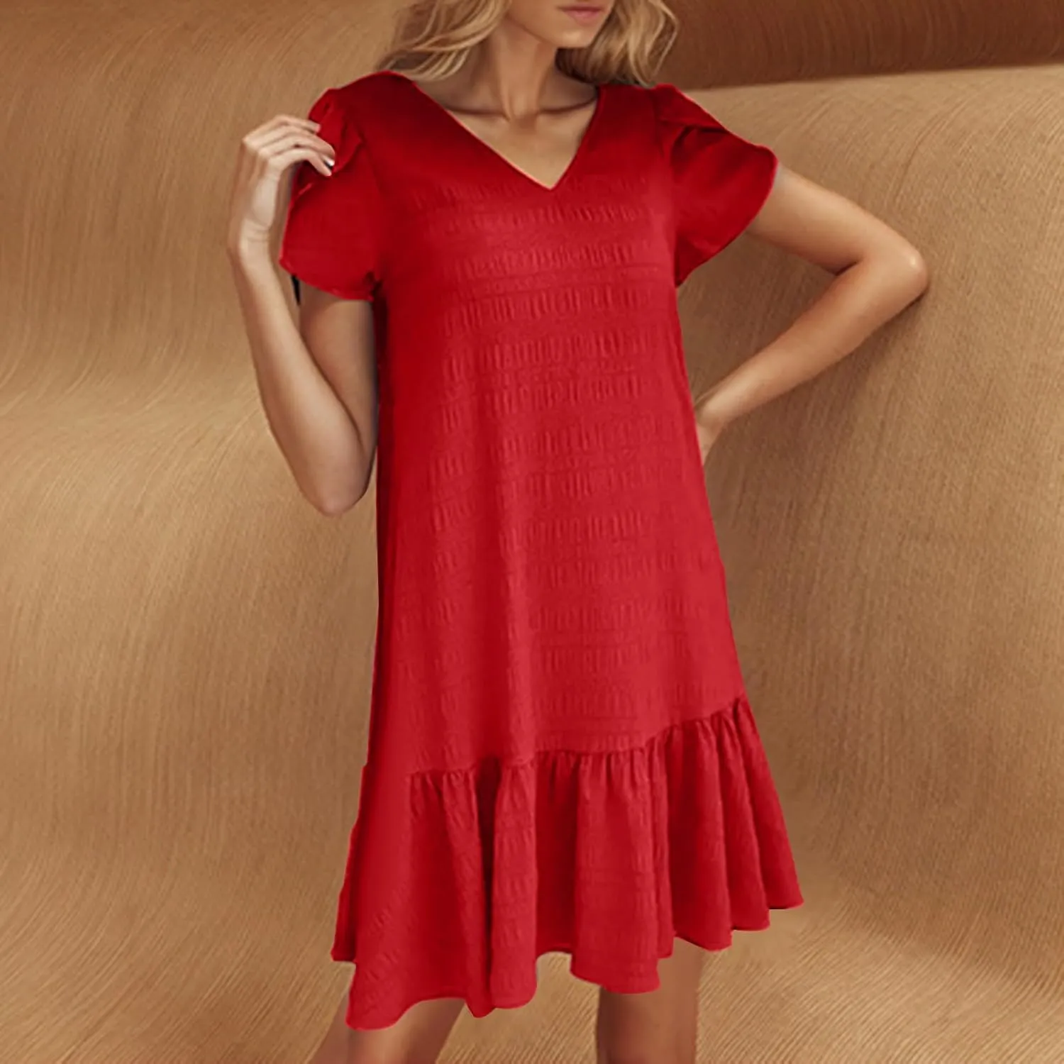 Women's Summer T Shirt Dress Casual Petal Short Sleeve V Neck Solid Ruffle Hem Sundress Loose Fit Beach Mini Dresses