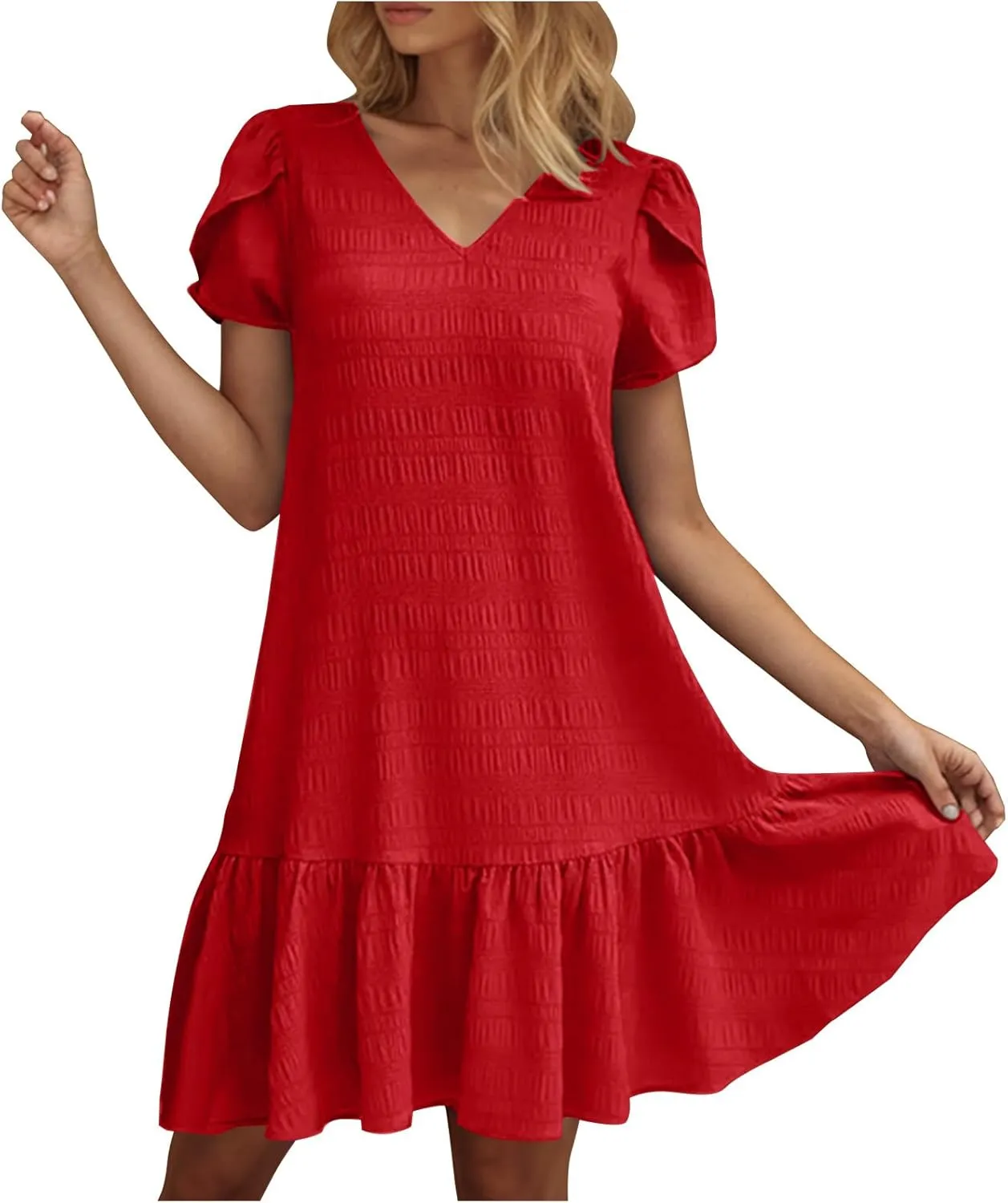Women's Summer T Shirt Dress Casual Petal Short Sleeve V Neck Solid Ruffle Hem Sundress Loose Fit Beach Mini Dresses