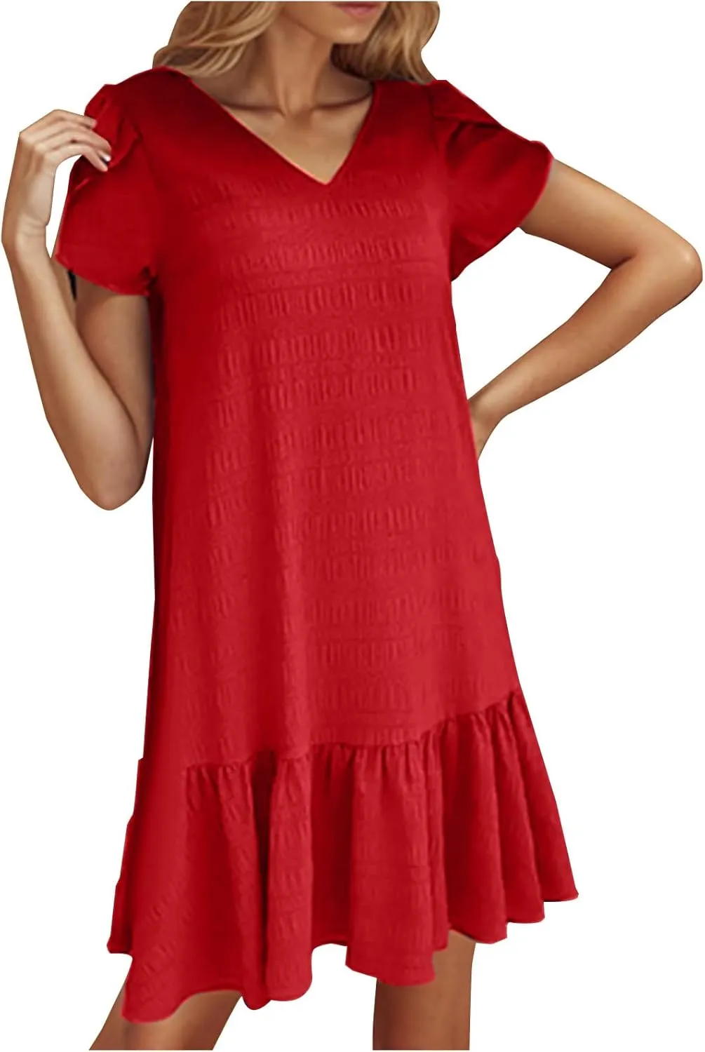 Women's Summer T Shirt Dress Casual Petal Short Sleeve V Neck Solid Ruffle Hem Sundress Loose Fit Beach Mini Dresses