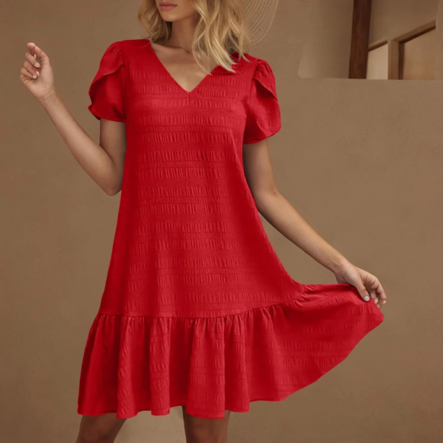 Women's Summer T Shirt Dress Casual Petal Short Sleeve V Neck Solid Ruffle Hem Sundress Loose Fit Beach Mini Dresses