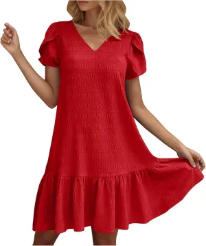 Women's Summer T Shirt Dress Casual Petal Short Sleeve V Neck Solid Ruffle Hem Sundress Loose Fit Beach Mini Dresses