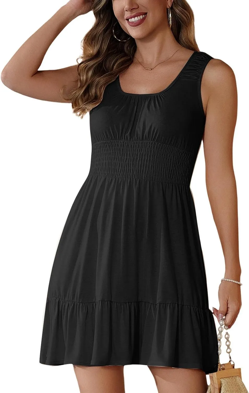 Womens Summer Tank Dresses Mini Length Sleeveless Casual Slim Fit Elastic Waist A Line Ruffle Solid/Floral Sundress