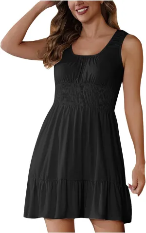 Womens Summer Tank Dresses Mini Length Sleeveless Casual Slim Fit Elastic Waist A Line Ruffle Solid/Floral Sundress