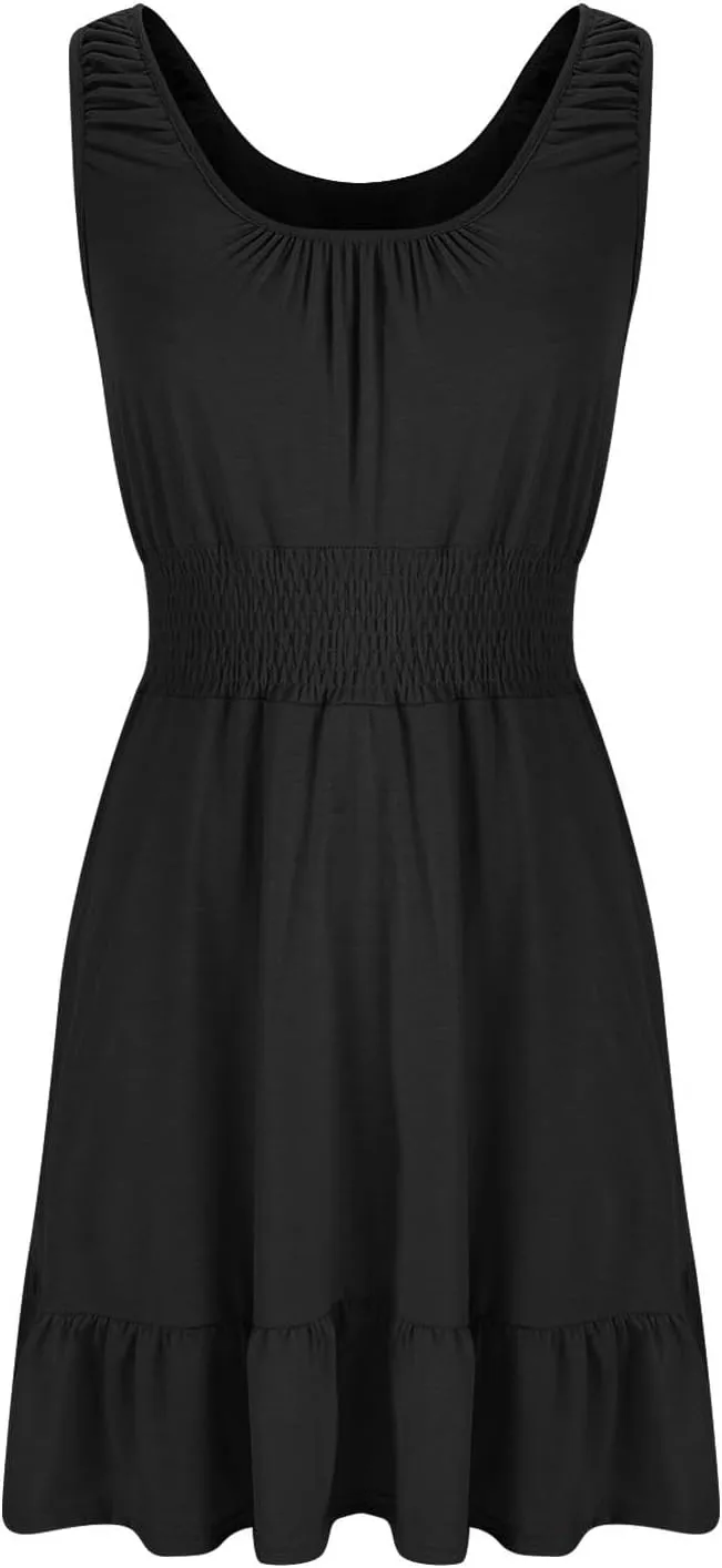 Womens Summer Tank Dresses Mini Length Sleeveless Casual Slim Fit Elastic Waist A Line Ruffle Solid/Floral Sundress