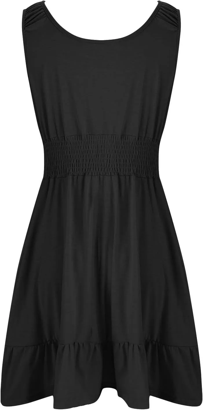 Womens Summer Tank Dresses Mini Length Sleeveless Casual Slim Fit Elastic Waist A Line Ruffle Solid/Floral Sundress